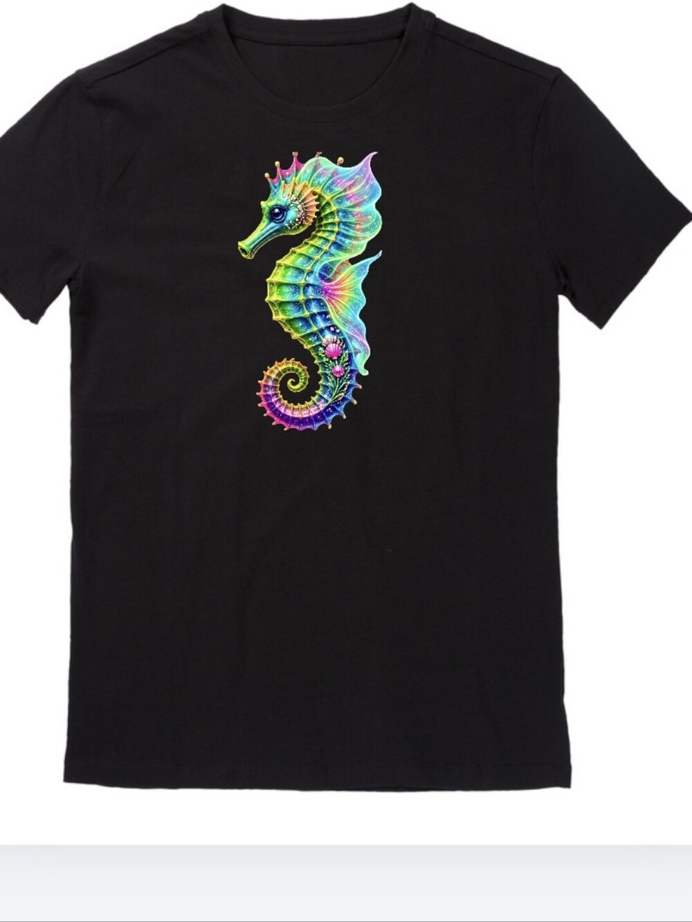 Luxury Custom Neon Cosmic Seahorse Black Graphic Tee - L
